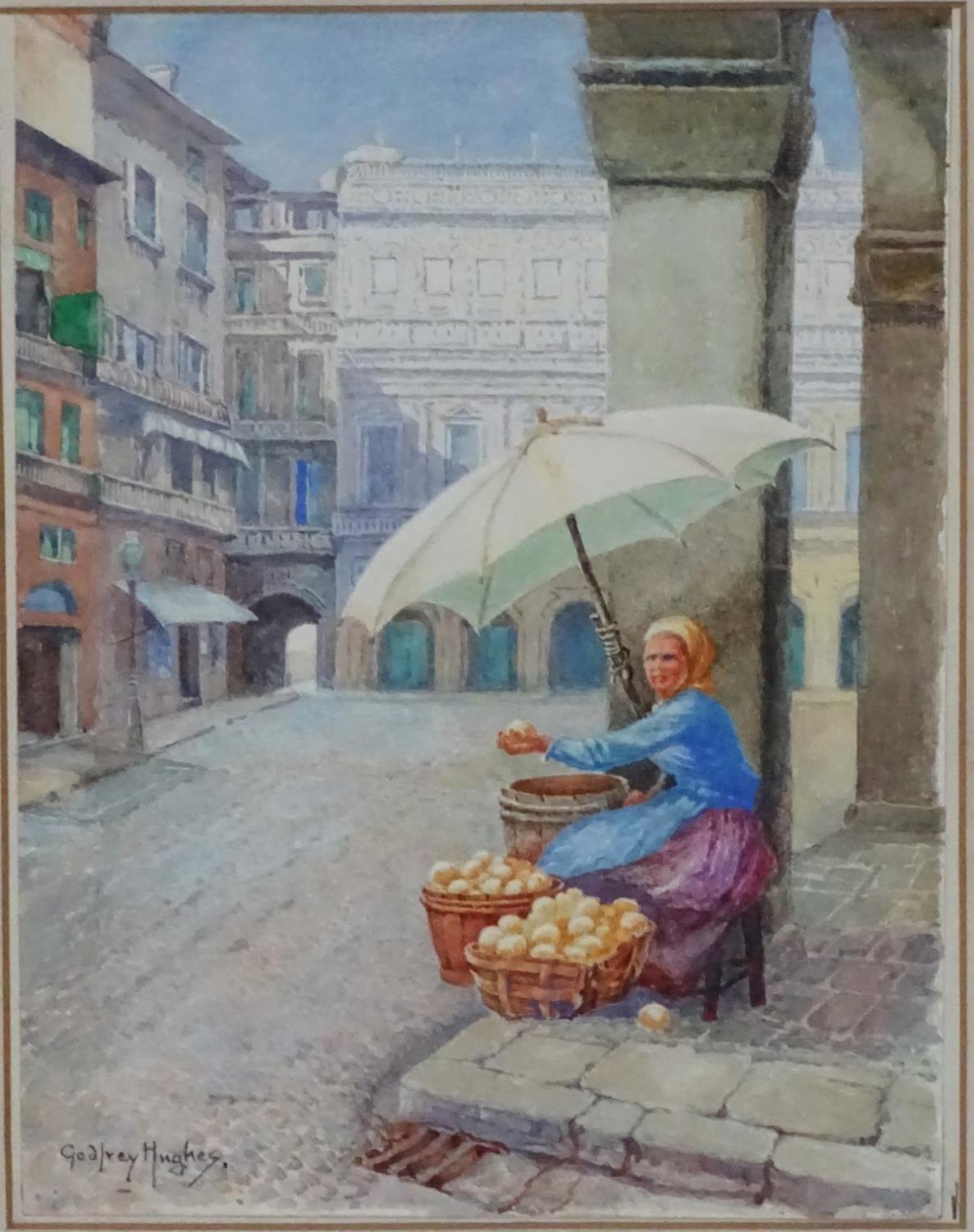 Godfrey Hughes, XIX-XX, Watercolour, The Continental Fruit Seller, woman under a parasol in town - Image 5 of 8