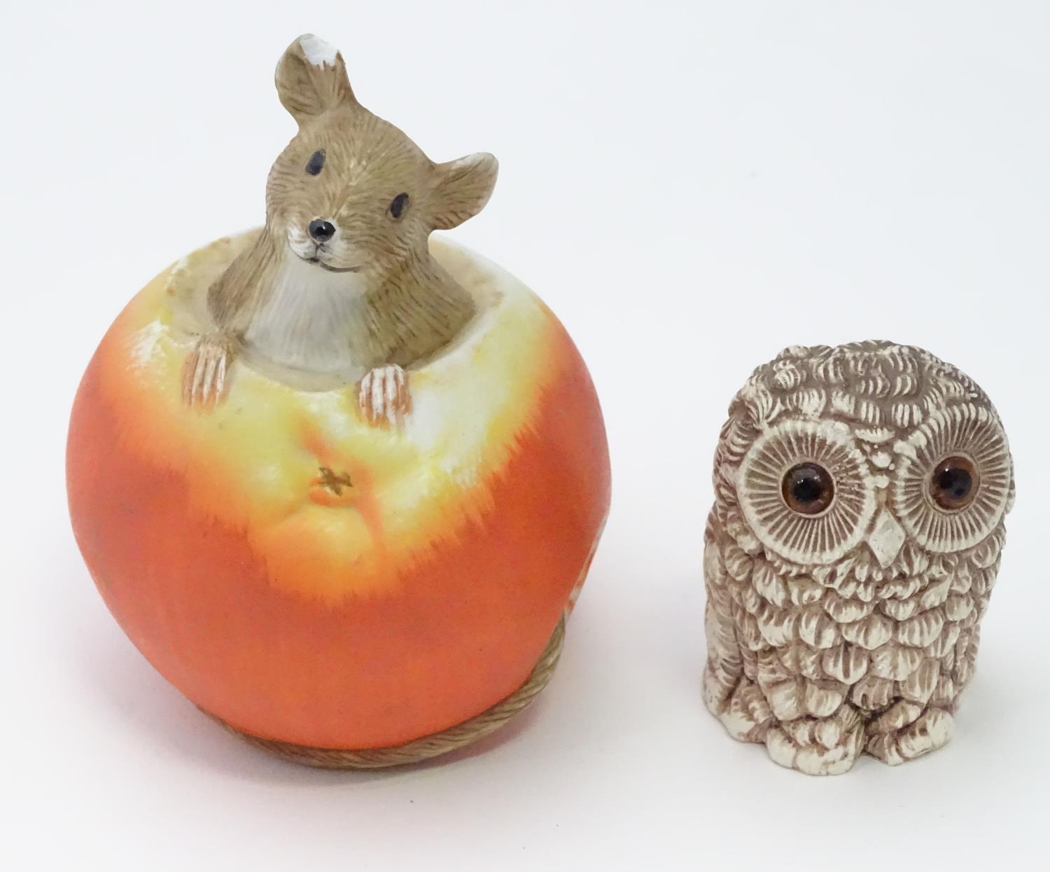 Ornament of a mouse in an apple together with a model of an ow (2) Please Note - we do not make