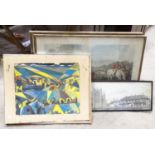Two Herring fox hunting scenes prints, together with an abstract painting and a monochrome print