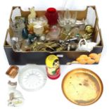 Box of assorted miscellaneous items including glass ware, brass ware, ceramic cat, Russian nesting