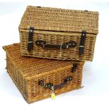 Two fitted picnic baskets, size approx. 18'' x 11 1/2'' x 8 1/2'' and 16'' x 15'' x 8 1/2'' Please