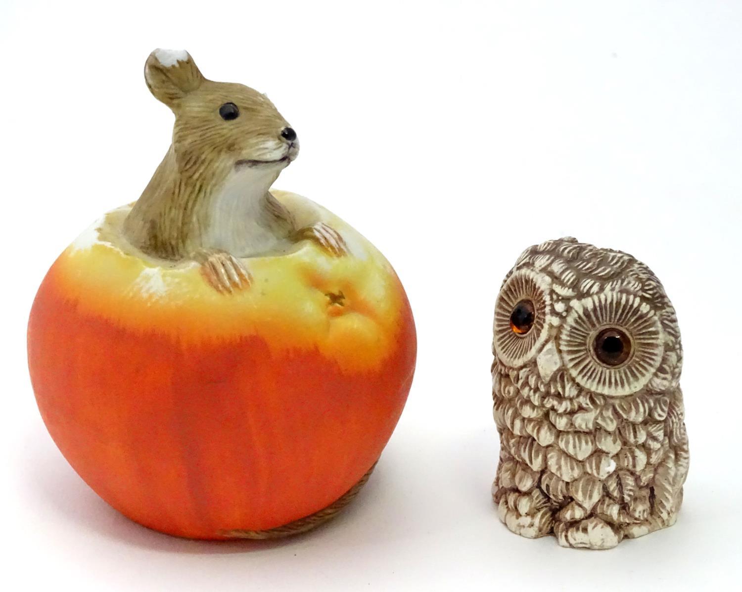 Ornament of a mouse in an apple together with a model of an ow (2) Please Note - we do not make - Image 3 of 4