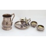 4 items of silver plate - tankard, candlestick with snuffer, 2 x salts Please Note - we do not