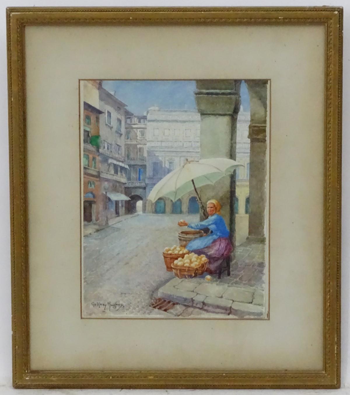 Godfrey Hughes, XIX-XX, Watercolour, The Continental Fruit Seller, woman under a parasol in town