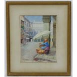 Godfrey Hughes, XIX-XX, Watercolour, The Continental Fruit Seller, woman under a parasol in town