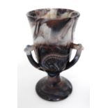 Glass : a North Country (Davidson) pedestal cup with three handles and impressed bulrush