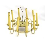 Vintage Retro : a circa 1975 brass 10 light pendant chandelier / electroliere , 30'' in diameter.