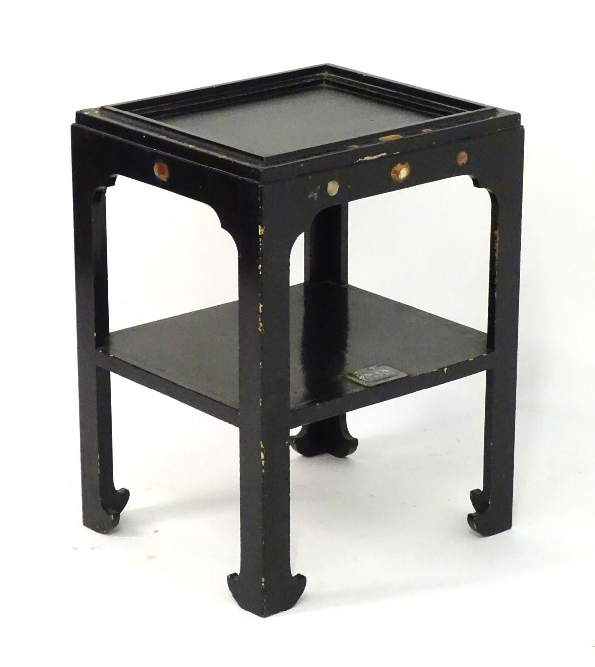 A 20thC ebonised table set with stones and resin gems, the under tier having a decorative - Image 6 of 6