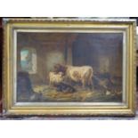 After Louis ( Ludwig) Reinhardt ( 1849-1870), Oleograph, Cattle in a barn, Bears facsimile signature