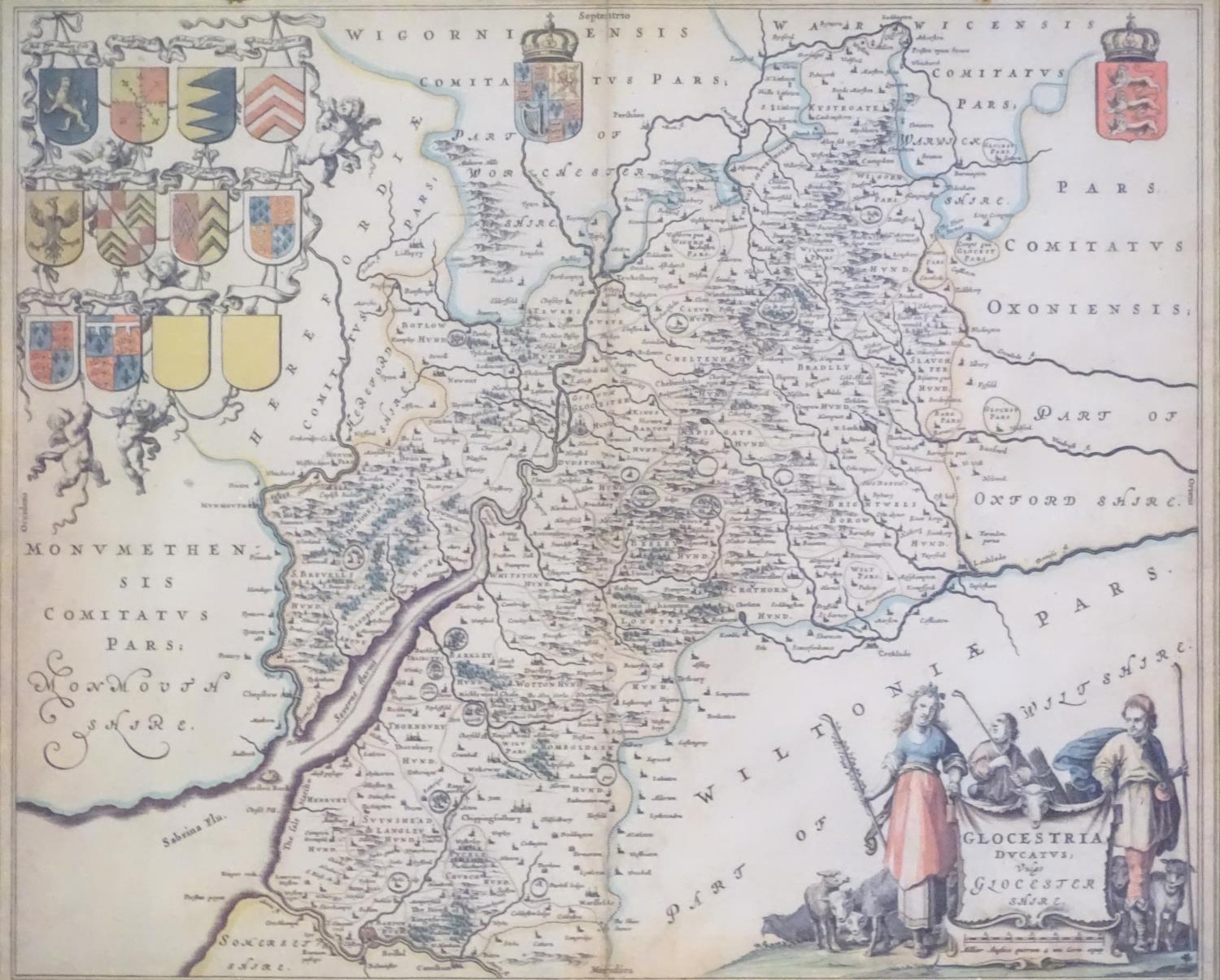 After Joan Blaeu (1596-1673), Coloured map of Gloucestershire, Glocestria Decatus Vulgo Glocester. - Image 4 of 9