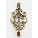 A 9ct gold belle epoque style pendant set with seed pearls etc Approx 1 3/4" long Please Note - we