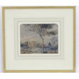 XX, Watercolour, A landscape scene with a lake with a classical temple portico. Approx. 7 1/2" x