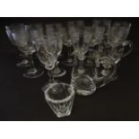 Glass: an assortment of 19thC drinking glasses, to include five etched port/sherry glasses etched