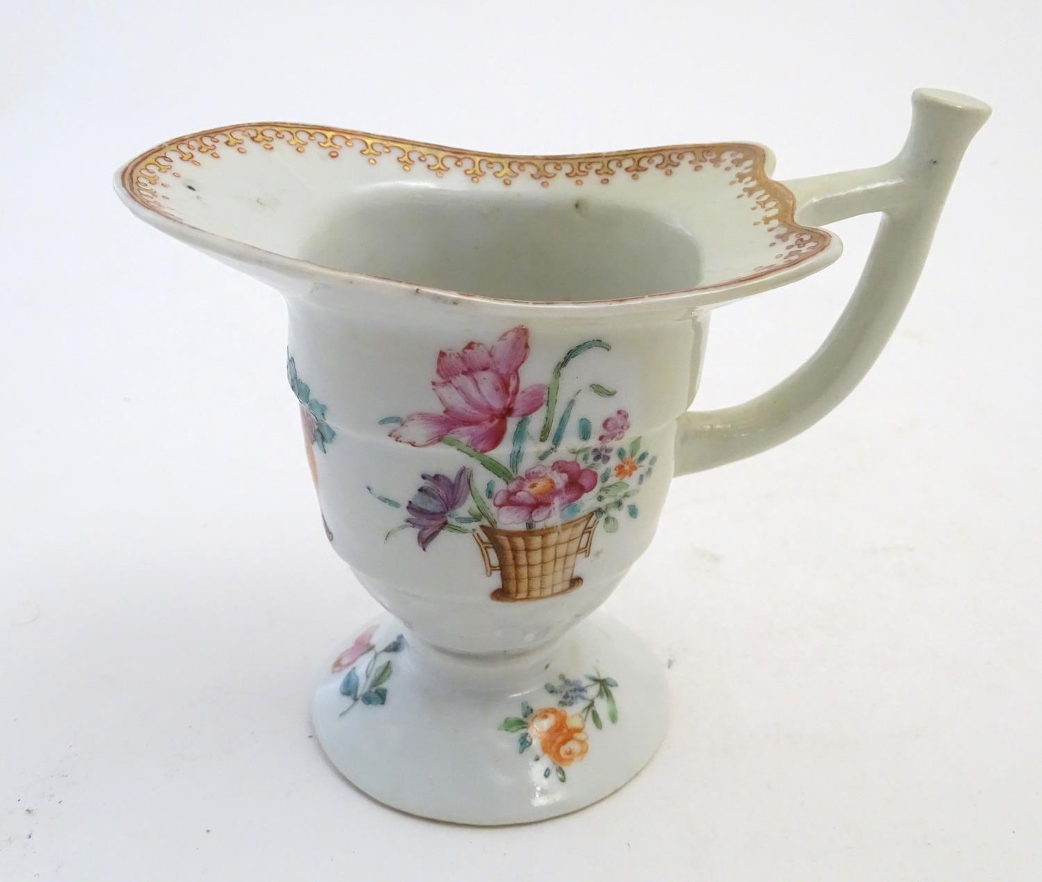 A late 18th / early 19thC Chinese export helmet jug with hand painted floral and cipher monogram - Image 4 of 7