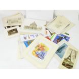 A folder of pictures, mounted and loose, to include signed watercolours, vintage posters, signed