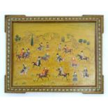 A black lacquered board with hand painted decoration depicting Persian figures playing polo in a