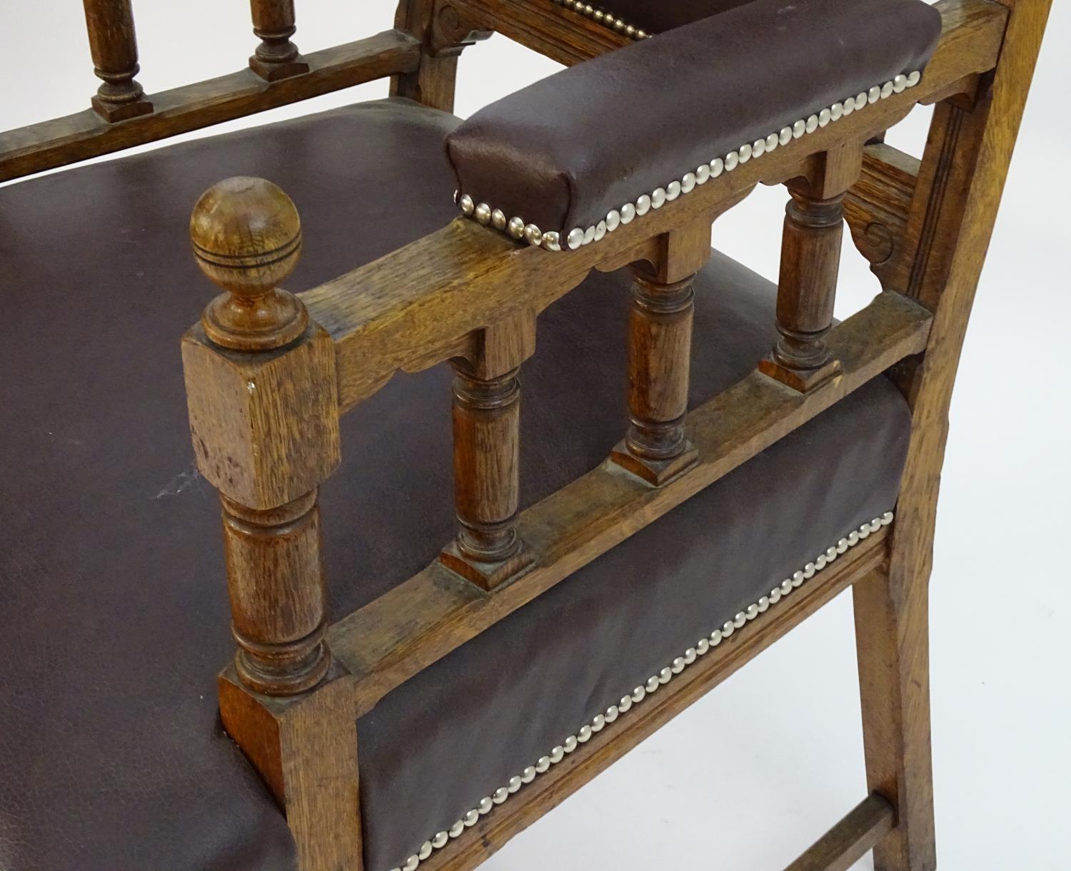 A mid 19thC Gothic armchair with a pierced lancet shaped cresting rail, Gothic tracing above an - Image 7 of 8