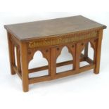 A late 19thC / early 20thC pine alter table with a bow front, dentil mouldings and chamfered