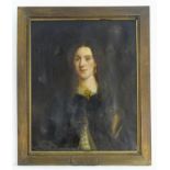 XIX, English School, Oil on canvas, A portrait of a young lady in Victorian dress with a gold brooch
