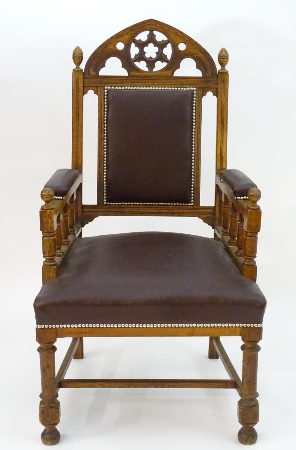 A mid 19thC Gothic armchair with a pierced lancet shaped cresting rail, Gothic tracing above an - Image 3 of 8