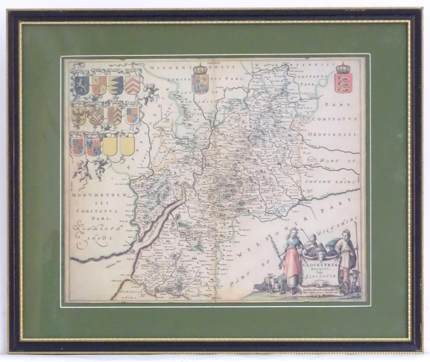 After Joan Blaeu (1596-1673), Coloured map of Gloucestershire, Glocestria Decatus Vulgo Glocester.