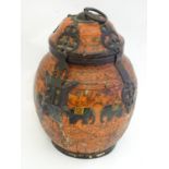 A late 19th / early 20thC carved wooden container / pot and cover with polychrome decoration