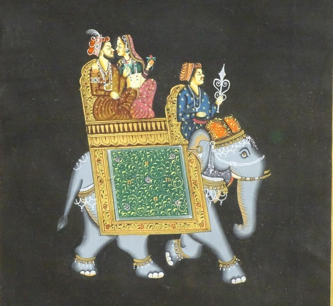 XX, Indian School, Gouache on fabric, A couple seated in a howdah a decorated elephant, possibly a - Image 3 of 4