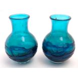 An early to mid 20thC pair of turquoise art glass vases in the manner of Whitefriars, each