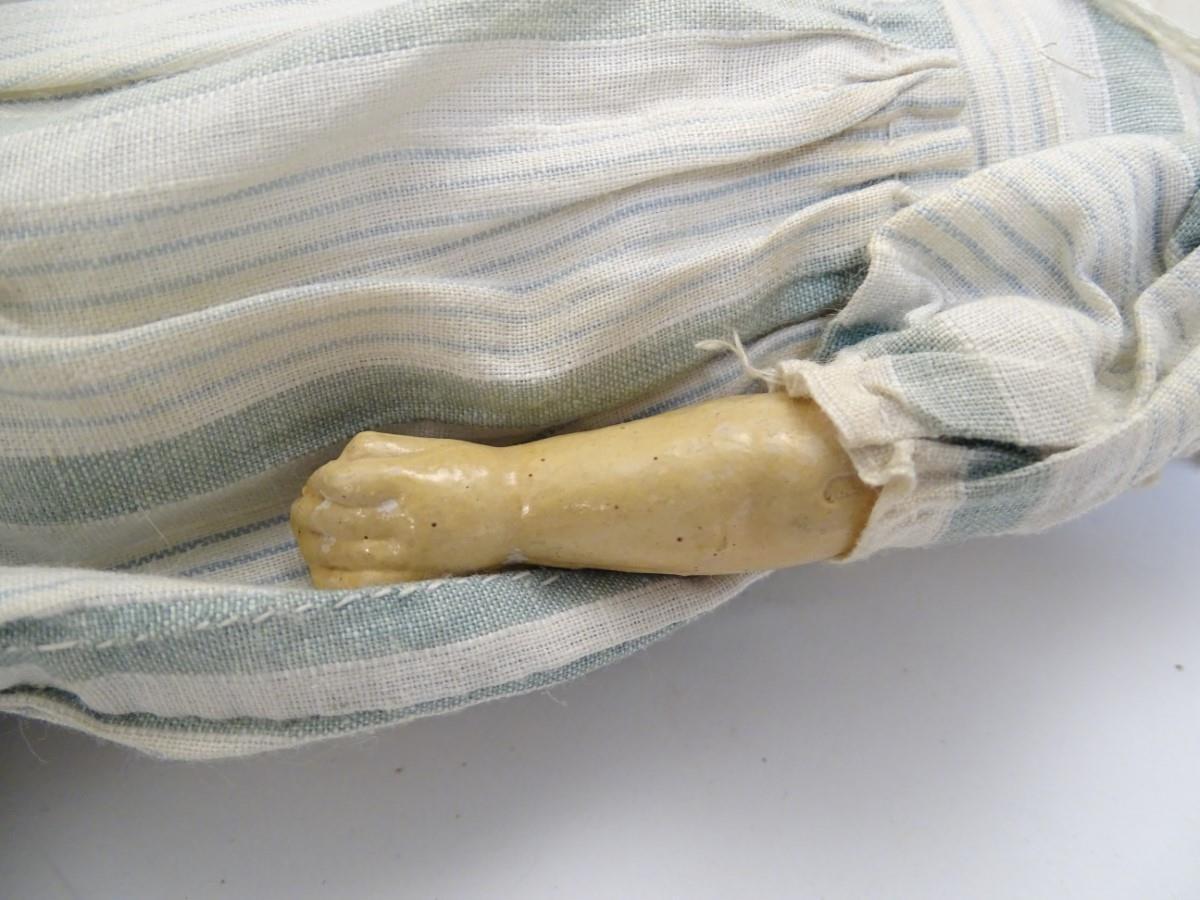 Toy: A wax headed doll with blue eyes, painted features, brown hair, composite forearms and - Image 3 of 9
