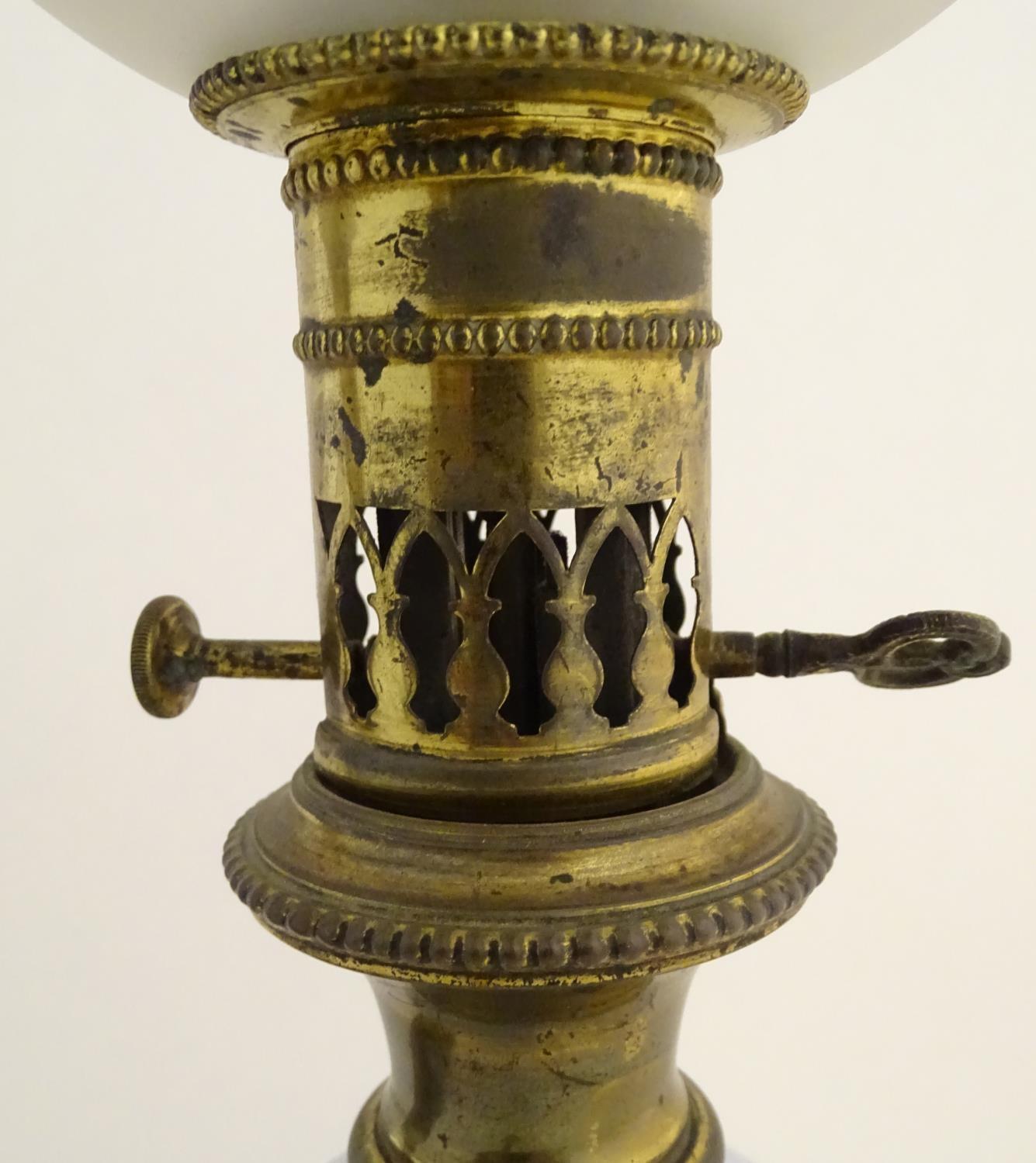 A pair of 19thC oil table lamps, of brass construction with separable bases, etched spherical - Image 6 of 9
