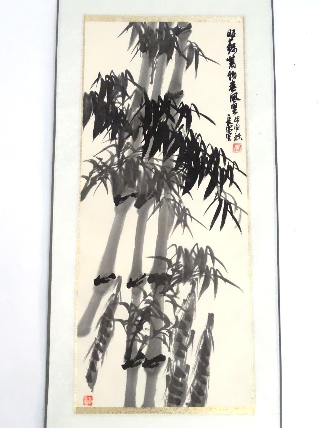 A Japanese watercolour scroll depicting bamboo, with character marks upper right and seal stamp - Image 5 of 5