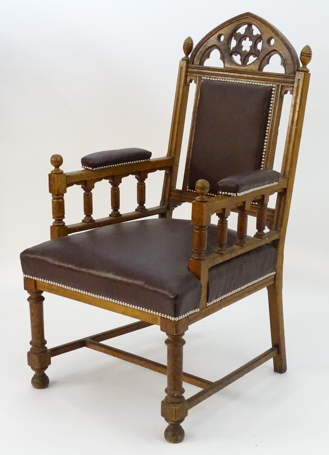 A mid 19thC Gothic armchair with a pierced lancet shaped cresting rail, Gothic tracing above an - Image 5 of 8