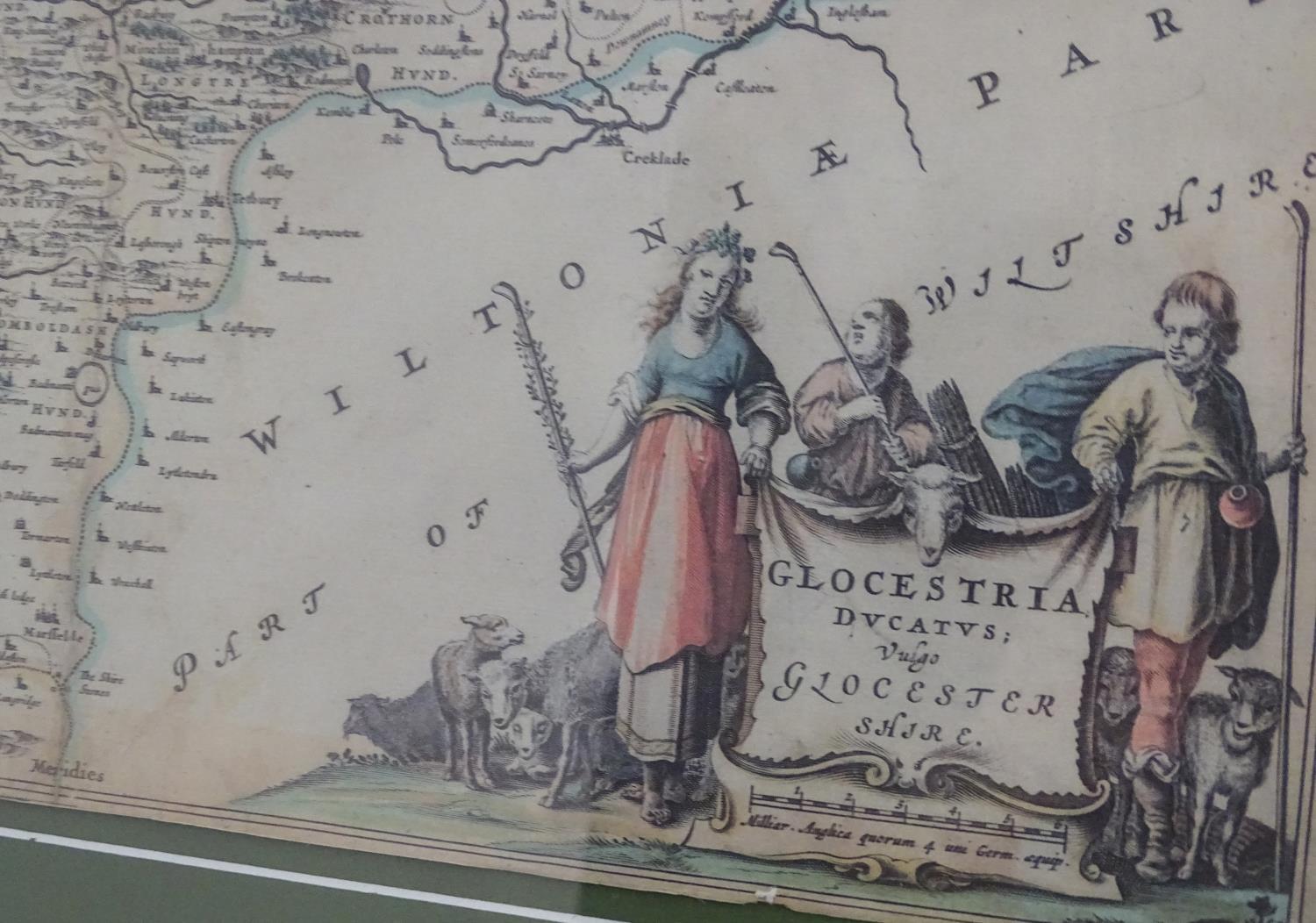 After Joan Blaeu (1596-1673), Coloured map of Gloucestershire, Glocestria Decatus Vulgo Glocester. - Image 5 of 9