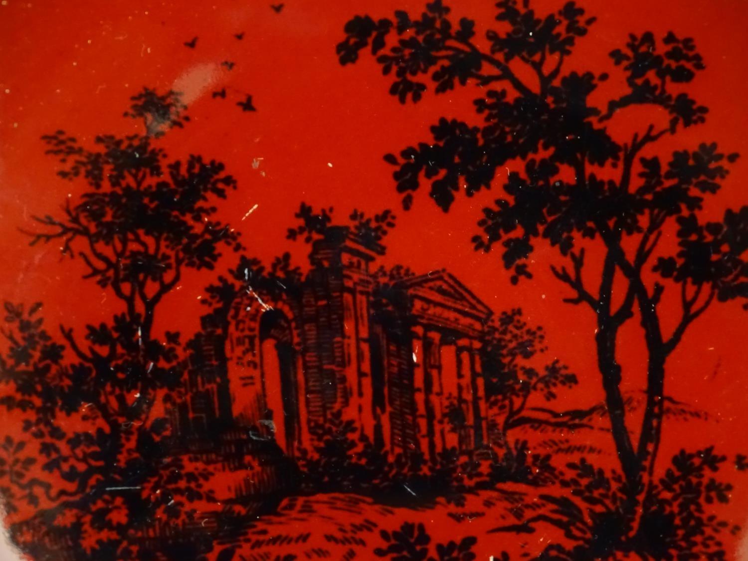 A Royal Doulton flambe dish depicting a wooded landscape with a classical ruin. Marked under Woodcut - Image 4 of 5