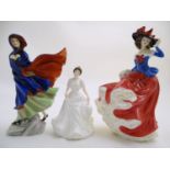 Three Royal Doulton figurines depicting women, Janet, model no. 4042, May, model no. 2746, and
