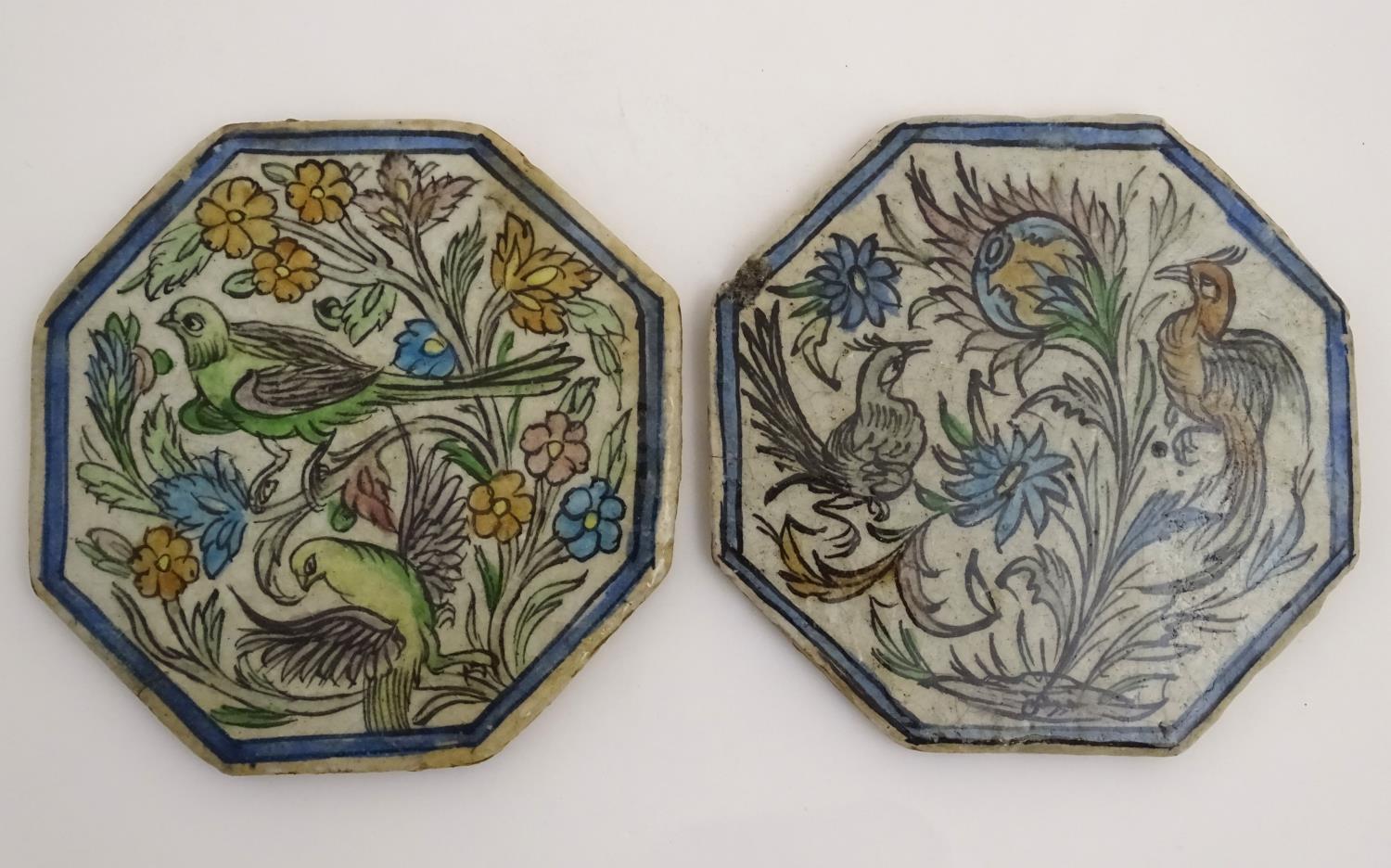 Two Persian tiles of octagonal form decorated with stylised birds and flowers within a blue - Image 3 of 6