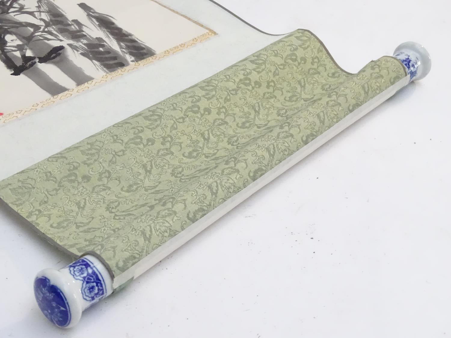 A Japanese watercolour scroll depicting bamboo, with character marks upper right and seal stamp - Image 2 of 5