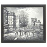Burnet, XX, Monochrome oil on canvas, A Parisian boulevard street scene with figures and a view of