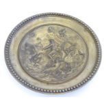 A cast decorative plate depicting the triumph of the sea god Neptune in his chariot with mermaid and