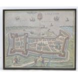 Map: a framed, hand-coloured view of Calais (contemporarily produced after Braun and Hogenberg