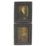 XIX-XX, Oil on board, A pair of naive miniature portraits depicting a seated man wearing a blue coat