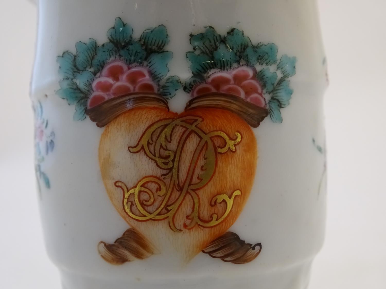 A late 18th / early 19thC Chinese export helmet jug with hand painted floral and cipher monogram - Image 5 of 7