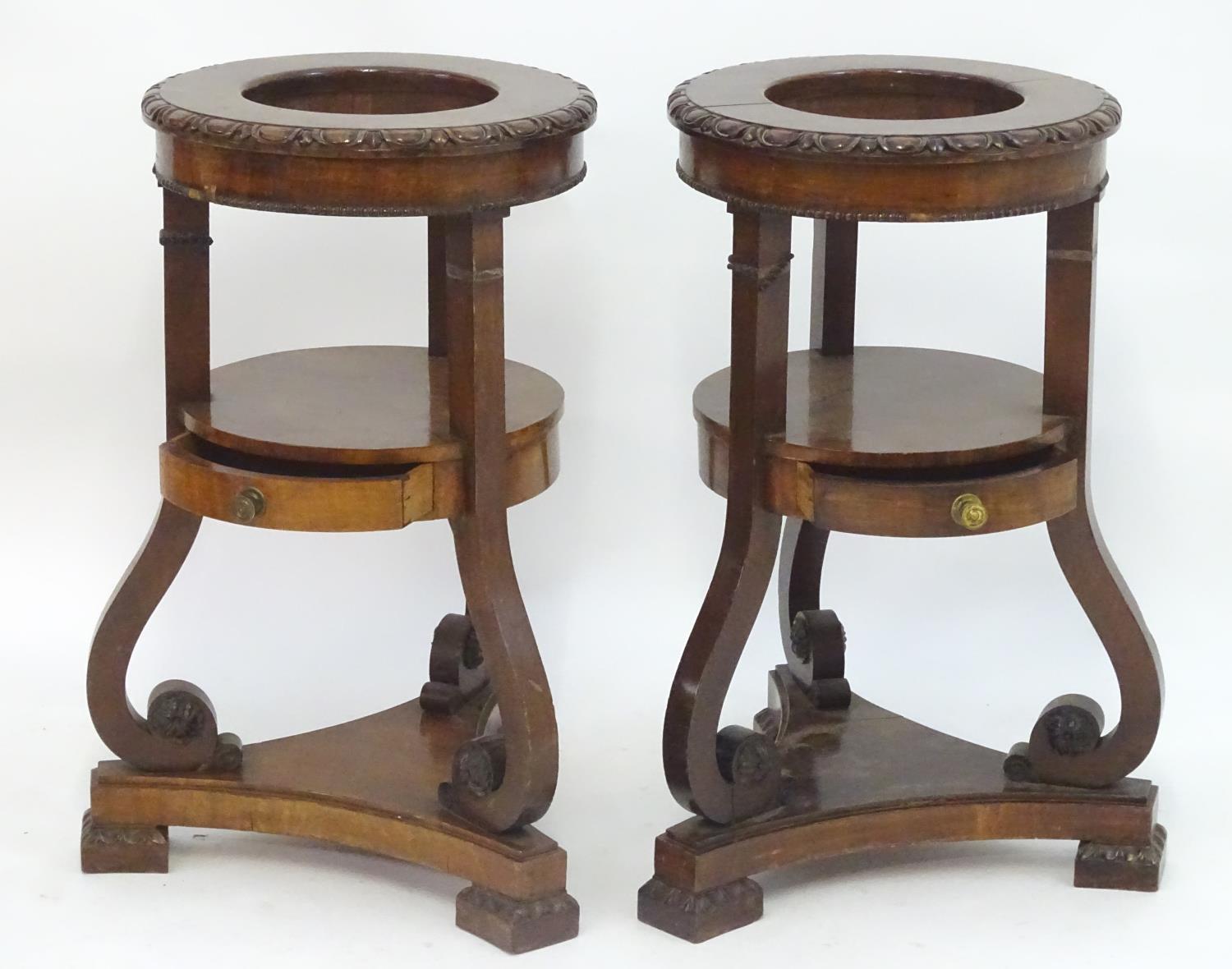 A pair of mahogany jardiniere stands with egg and dart moulded decoration, scrolled supports and - Image 4 of 6