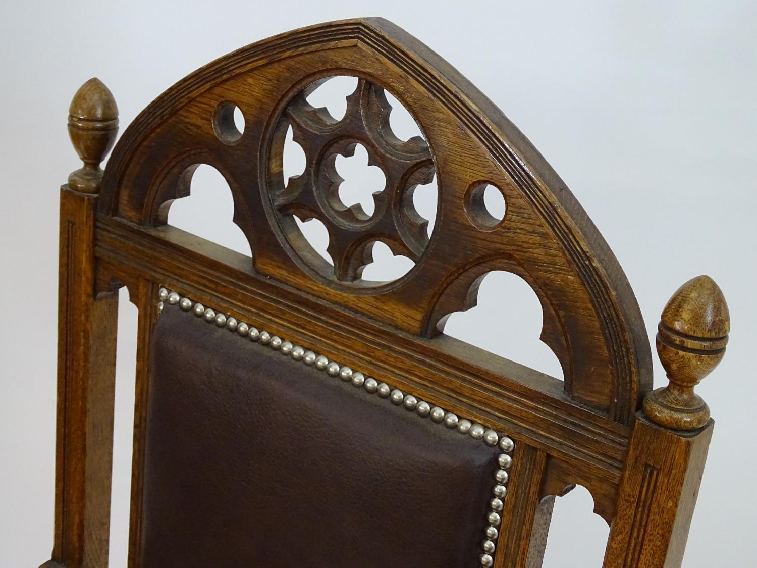 A mid 19thC Gothic armchair with a pierced lancet shaped cresting rail, Gothic tracing above an - Image 6 of 8