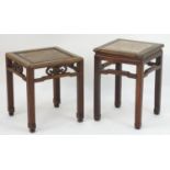 Two oriental hardwood tables / jardiniere stands with pierced decoration and shaped supports. 16"
