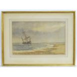 C. Rackham, XIX, Watercolour, A beach scene with a moored clipper ship. Signed and