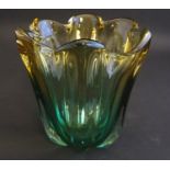 An mid 20thC art glass vase formed as a tulip, decorated with yellow merging to green colouration. 6