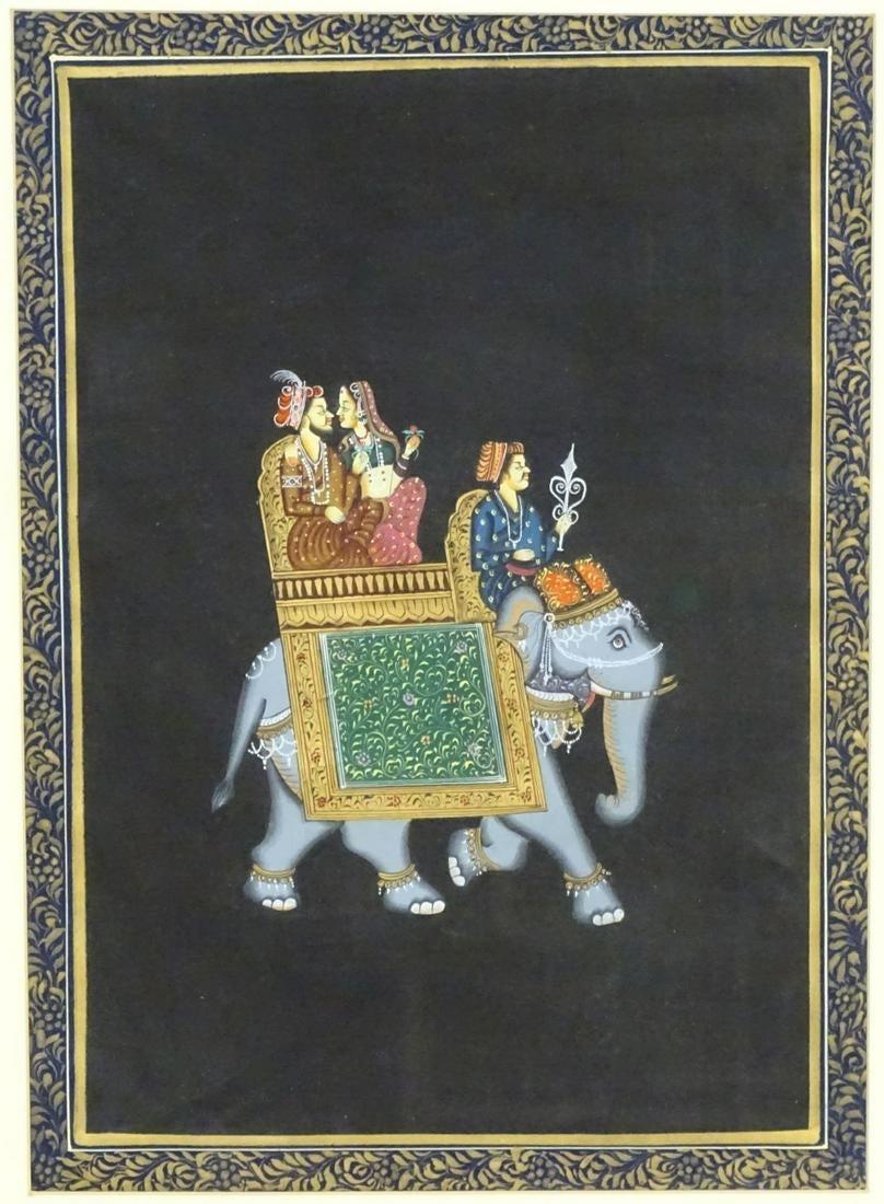 XX, Indian School, Gouache on fabric, A couple seated in a howdah a decorated elephant, possibly a - Image 2 of 4