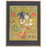 Indian School, XIX, Hand coloured print, A Tanjore style depiction of the Hindu deity Krishna with