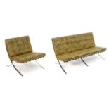 A mid 20thC Barcelona chair and settee in the manner of Mies Van Der Rohe, The chrome slatted